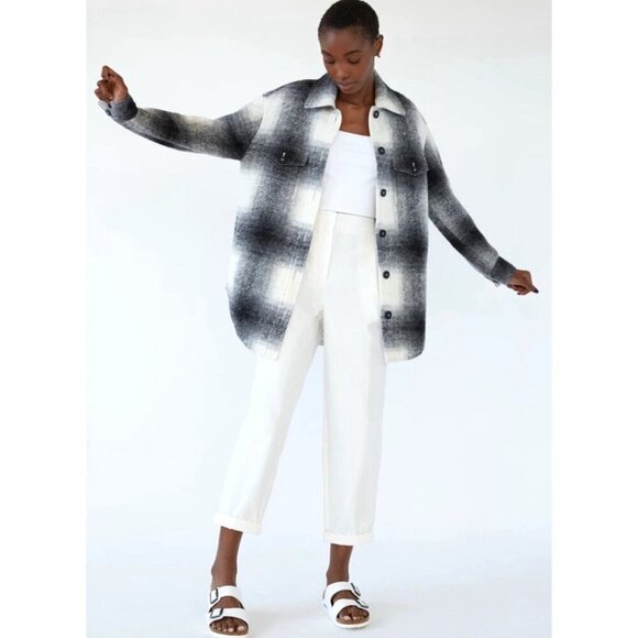 Aritzia Wilfred Free Midi Wool Plaid Ganna Shacket Long Black White SZ S - Picture 1 of 11